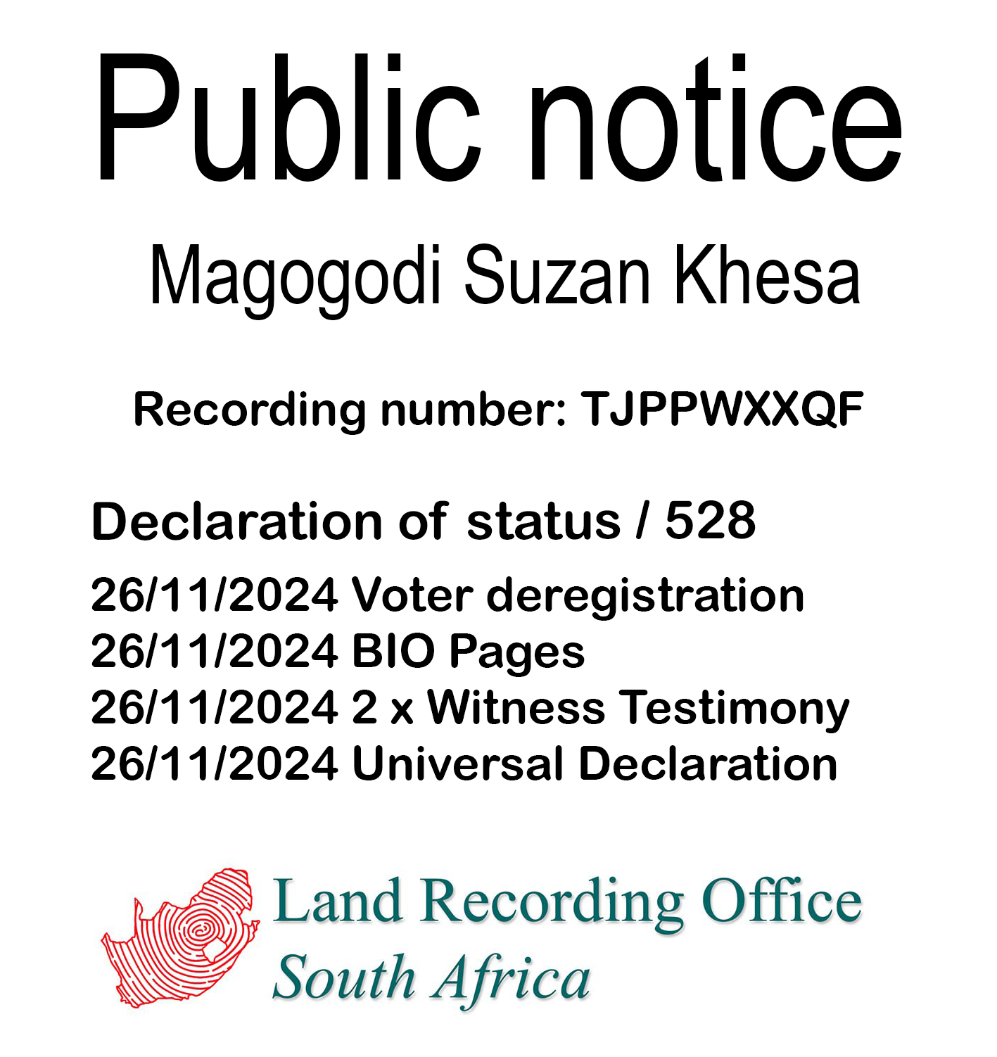 Public notice Magogodi Suzan Khesa Recording number TJPPWXXQF